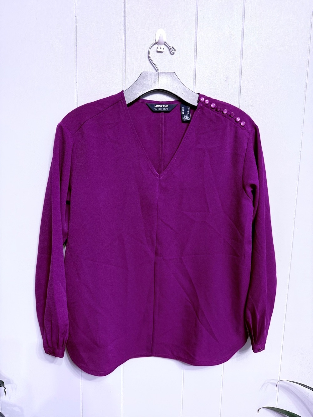 #18)  Lands' End Women's Purple-Pink V-Neck Button-Shoulder Blouse